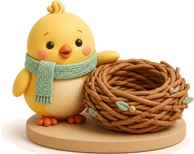 Nesty beside a finished woven nest on a plinth