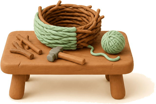 A workbench with a half-woven nest and tools