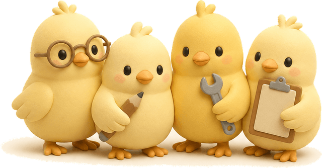 Four clay chicks standing together, each with a different tool