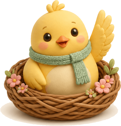 Nesty, the DoodleNest mascot, waving from a woven nest
