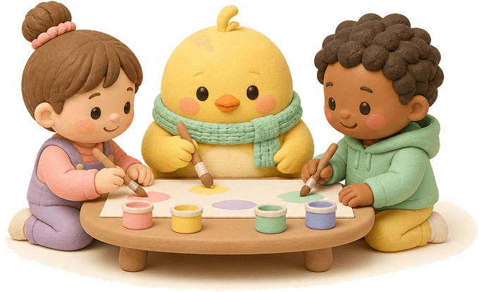 Nesty painting at a low table with two clay children
