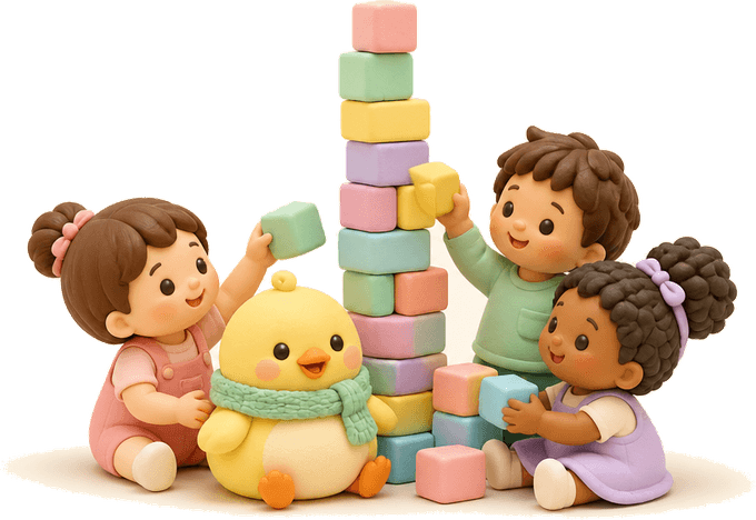 Nesty and three clay children stacking a tower of pastel blocks