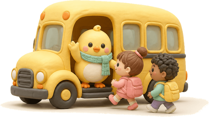 Nesty waving from a school bus door as two clay children climb aboard