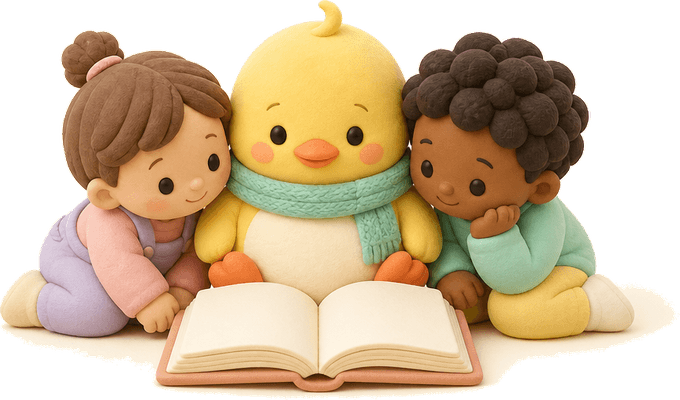 Nesty sitting on an open storybook between two clay children