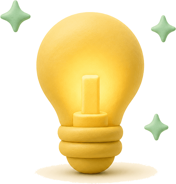 A glowing light bulb with sparkles and a small chart inside