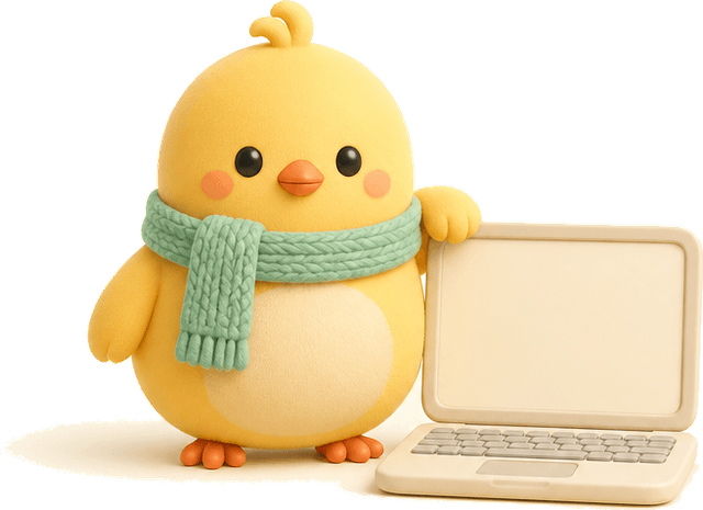 Nesty standing beside an open laptop