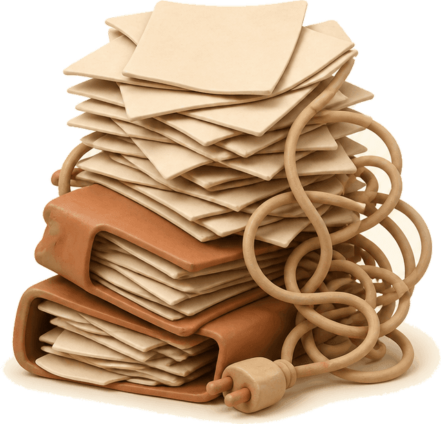 An untidy pile of paper, folders and a tangled cord