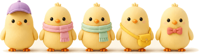Five chicks in a row, each with a different accessory
