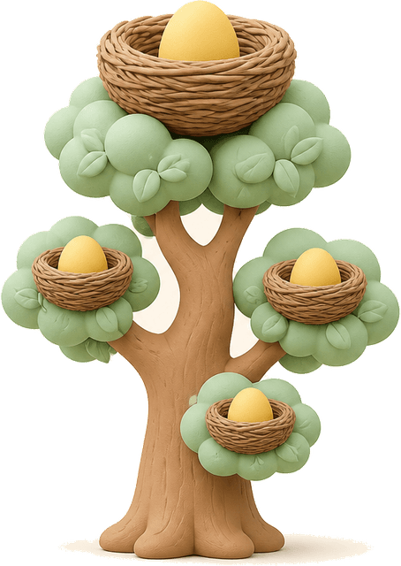 A tree with one large nest above three smaller nests