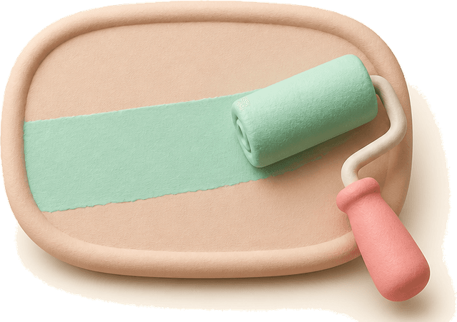 A paint roller applying colour to a blank badge