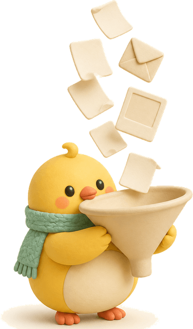 Nesty catching a jumble of notes and envelopes in a funnel