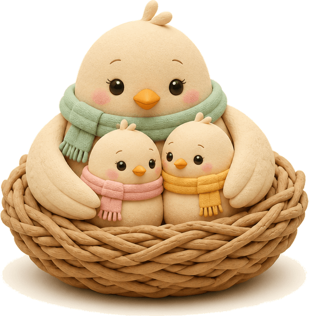 A mother bird in a nest with two chicks