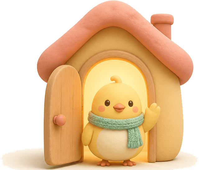 Nesty waving from the doorway of a little house