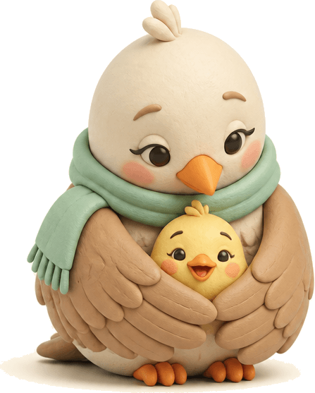 A mother bird sheltering a chick with her wings