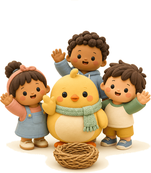 Nesty and three clay children waving