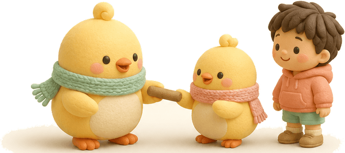 One clay chick passing a baton to another while a child watches