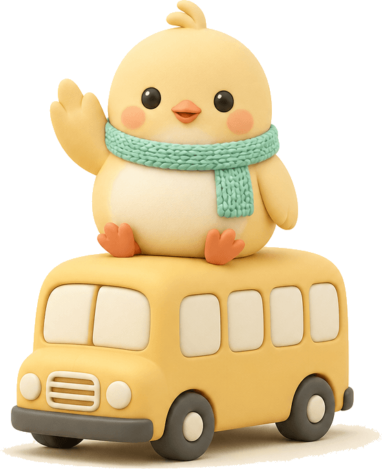 Nesty waving from the roof of a school bus