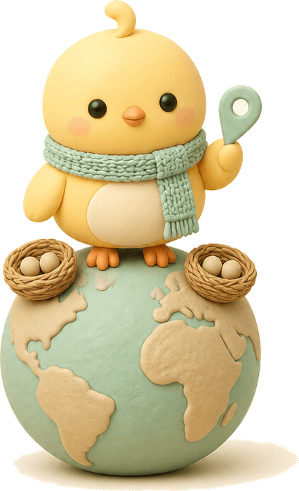 Nesty standing on a globe with two small nests