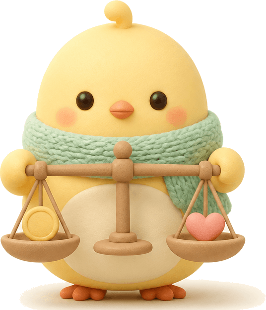 Nesty holding a balanced scale with a coin and a heart