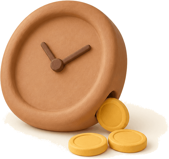 A clay clock tipping with coins spilling out
